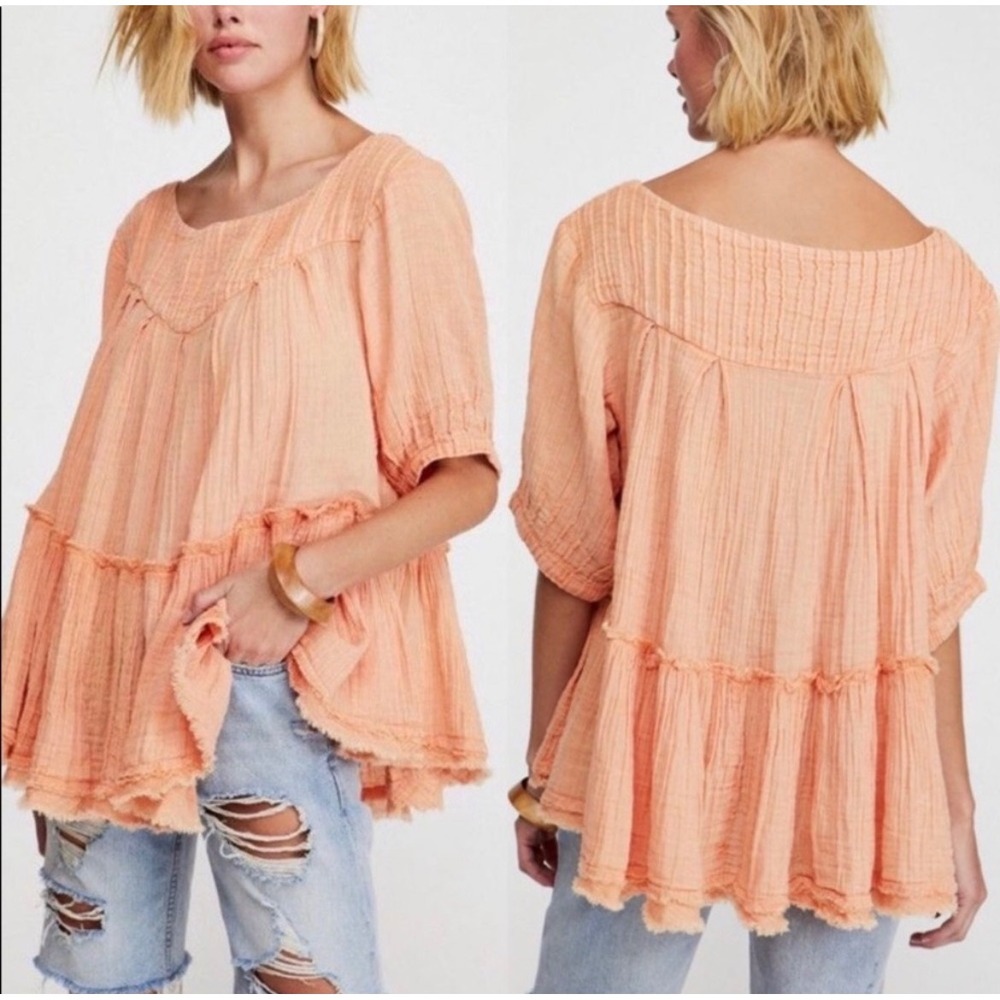 Free People Mystery Land Tunic Orange Cotton Gauze Tiered Boho Mini Dress Small